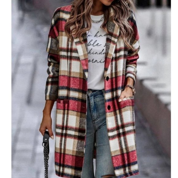 Double Pocket Lapel Neck Plaid print Casual Overcoat Jacket red - Picture 1 of 6